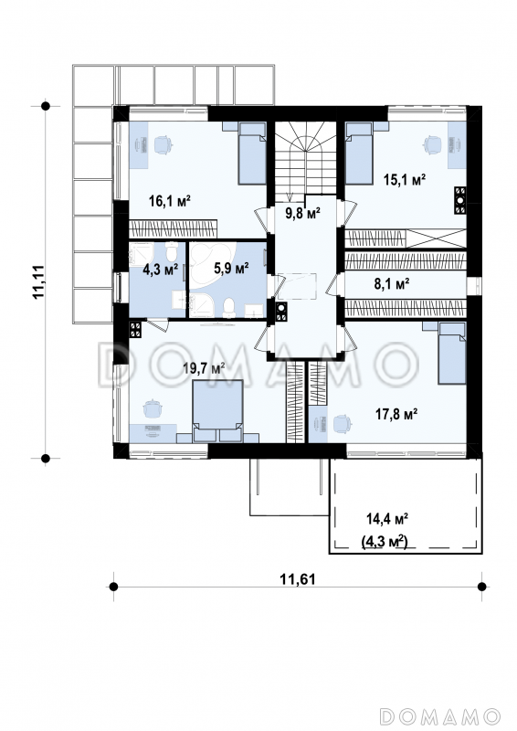 Проект двухэтажного дома из газобетона с четырьмя спальнями и удлинённым двухместным гаражом / План 2 этажа