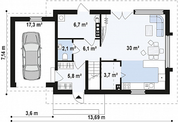 Проект компактного одноэтажного дома из кирпича с ночной зоной на мансардном этаже и с гаражом / План 1 этажа