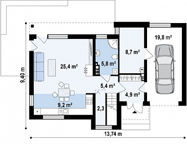 Проект современного двухэтажного дома из кирпича с техническим помещением, гаражом и открытой террасой на втором этаже / План 1 этажа