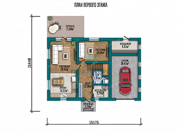 Проект двухэтажного дома с гаражом и террасой / План 1 этажа