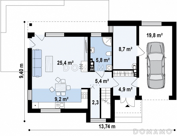 Проект современного двухэтажного дома из кирпича с техническим помещением, гаражом и открытой террасой на втором этаже / План 1 этажа
