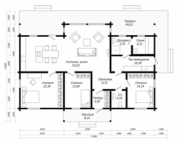 Проект одноэтажного дома из клееного бруса с тремя спальнями и большой террасой / План 1 этажа