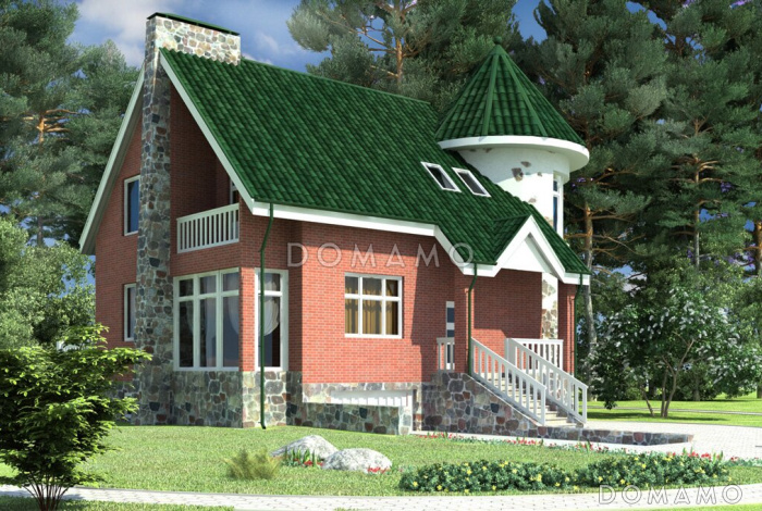 Дом с башней и зеленой крышей, с цокольным этажом, гаражом на одну машину