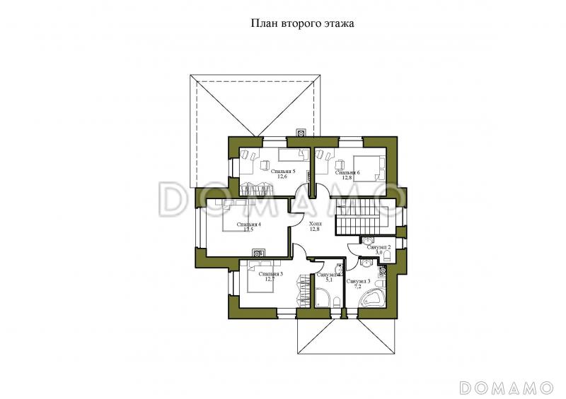 Проект двухэтажного дома из газобетона с двумя каминами на большой террасе и в гостиной / План 2 этажа