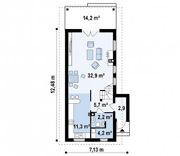 Проект компактного двухэтажного дома из газобетона для строительства на очень узком участке / План 1 этажа