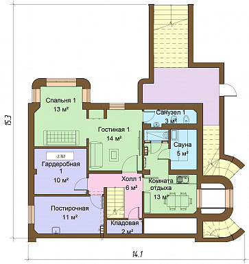 Проект дома с цокольным и мансардным этажами, с круглым эркером и террасой / План цокольного этажа