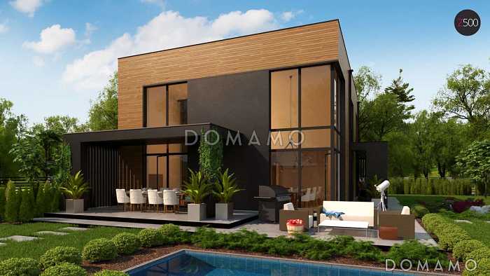 Проект современного двухэтажного дома из кирпича с плоской крышей, четырьмя комнатами, вторым светом и гаражом