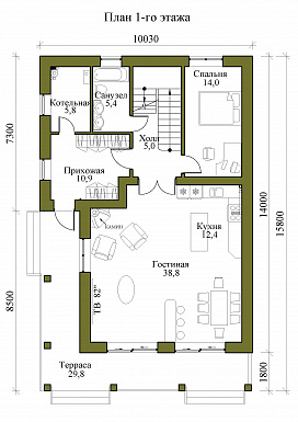Проект трехэтажного каркасного дома с пятью спальнями, холодным чердаком и подвалом / План 1 этажа