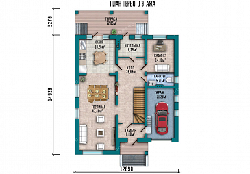Проект одноэтажного дома с мансардой, большой террасой и гаражом / План 1 этажа