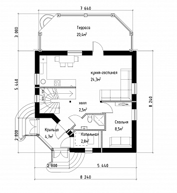 Проект квадратного  коттеджа  со входом с угла и большой террасой / План 1 этажа