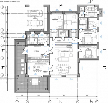 Проект дома с террасами, зоной барбекю, приватной зоной и просторной гостиной-кухней-столовой / План 1 этажа