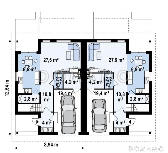 Проект мансардных домов-близнецов из газобетона с гаражом и французскими балконами / План 1 этажа
