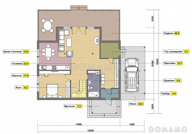 Проект каркасного дома с навесом для машины / План 1 этажа