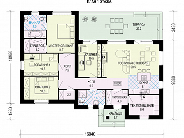 Проект одноэтажного дома с плоской крышей и длинной террасой / План 1 этажа
