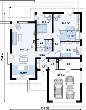 Проект современного одноэтажного дома из кирпича с тремя спальнями и большим фронтальным гаражом / План 1 этажа