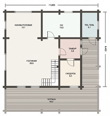 Проект дома из клееного бруса для постоянного проживания семьи из четырех-шести человек / План 1 этажа