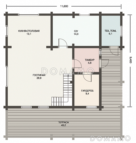 Проект дома из клееного бруса для постоянного проживания семьи из четырех-шести человек / План 1 этажа