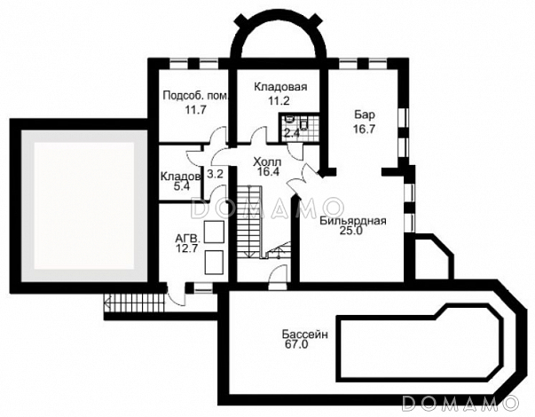 Проект двухэтажного дома из кирпича с полукруглым эркером / План цокольного этажа