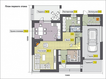 Проект дома с гаражом, гостиной с панорамным окном, тремя спальнями на мансардном этаже, кладовой / План 1 этажа