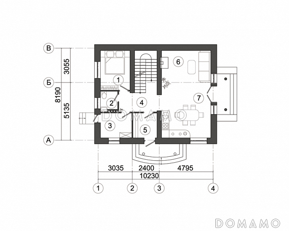 Проект современного загородного дома на семью из трех-шести человек / План 1 этажа