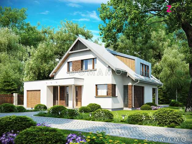 Проект современного одноэтажного мансардного дома из газобетона с тремя комнатами, угловой террасой и гаражом