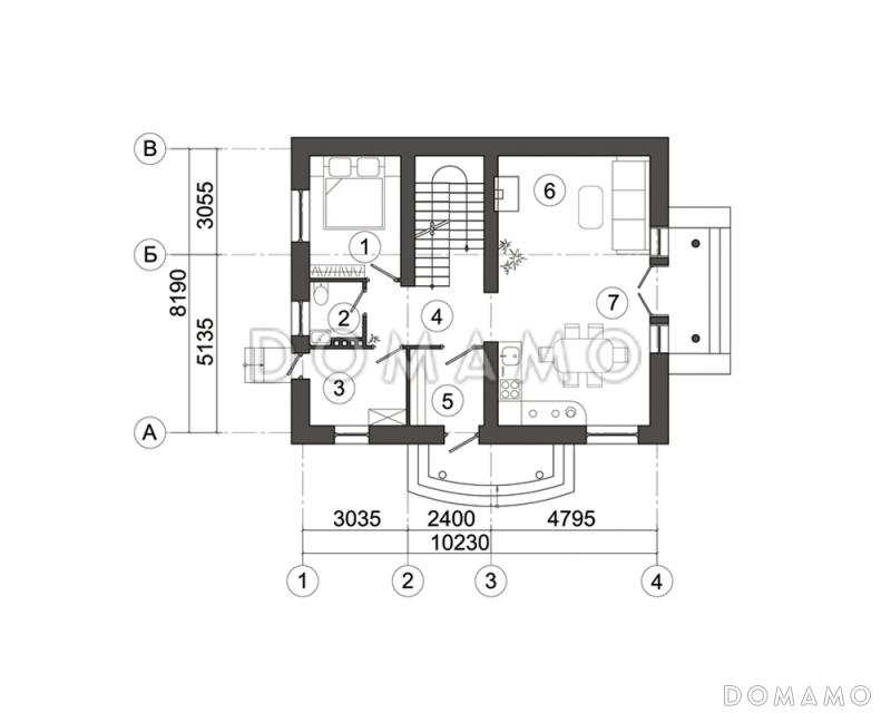 Проект современного загородного дома на семью из трех-шести человек / План 1 этажа