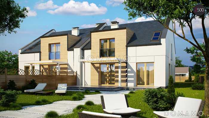 Проект мансардных домов-близнецов из кирпича с гаражом и современными элементами дизайна