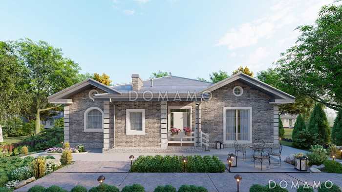 Проект одноэтажного кирпичного дома с 4 спальнями, террасой и столовой-гостиной