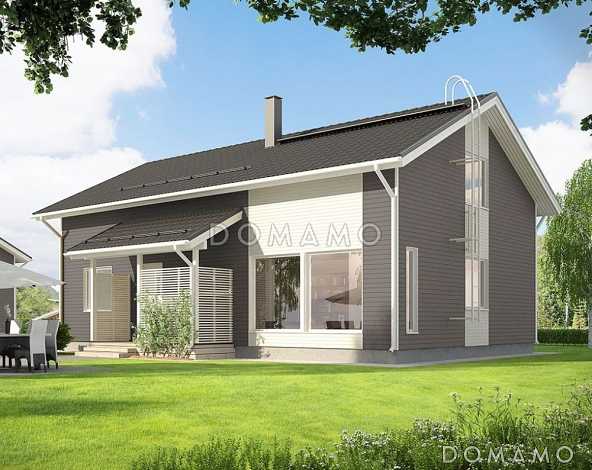 Проект современного двухэтажного каркасного дома с облицовкой деревянной вагонкой