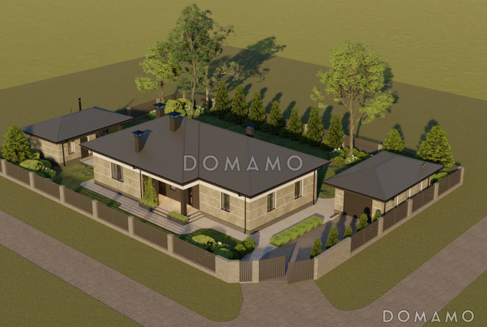 Проект одноэтажного каркасного дома с двумя спальнями, гардеробными, кладовой на кухне и крытой террасой