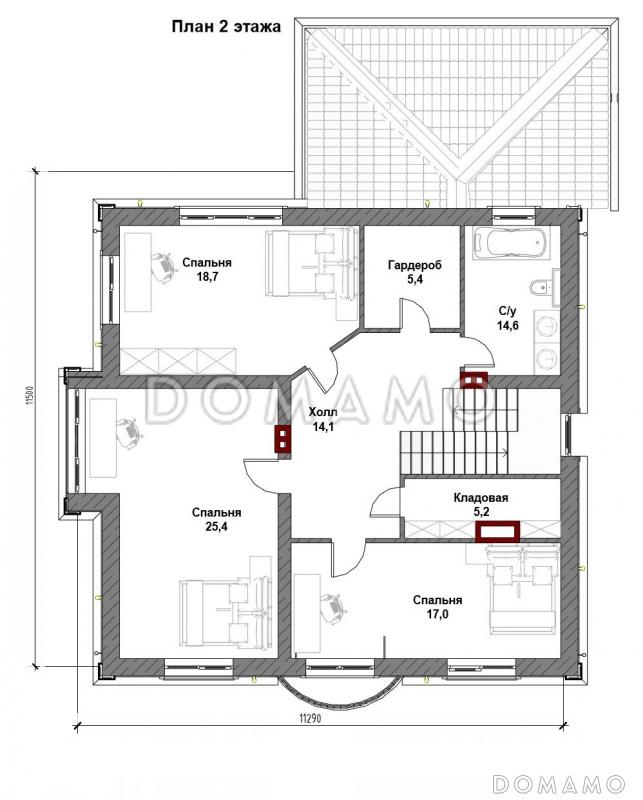Проект загородного дома с верандой, полукруглым крыльцом, французским балконом, вытянутой кухней-гостиной-столовой / План 2 этажа