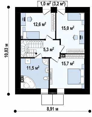 Проект загородного с отделкой фасадов кирпичом, кладовой, с террасой, балконом / План мансардного этажа