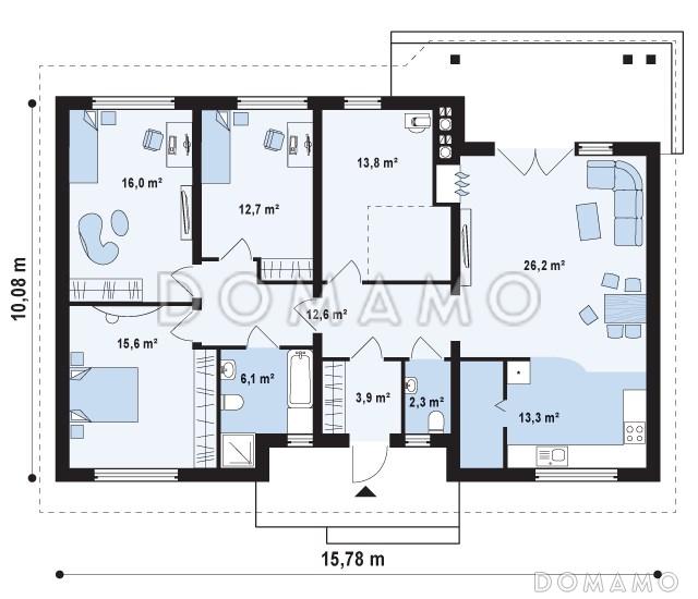 Проект классического одноэтажного дома из газобетона с тремя спальнями и возможностью обустройства мансарды / План 1 этажа