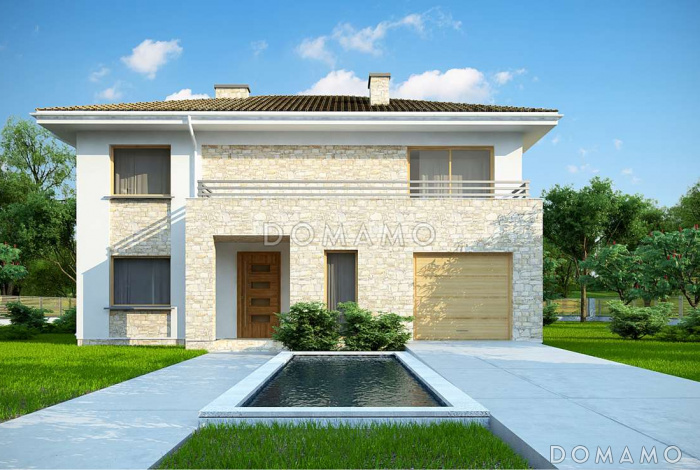 Проект современного двухэтажного дома из газобетона, с пятью комнатами, гаражом и террасами на обоих уровнях