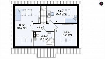 Проект одноэтажного дома из кирпича с тремя спальнями на мансардном этаже и гаражом / План мансардного этажа