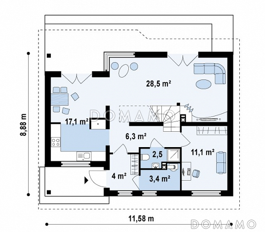Проект одноэтажного мансардного дома из кирпича с тремя комнатами и кабинетом / План 1 этажа