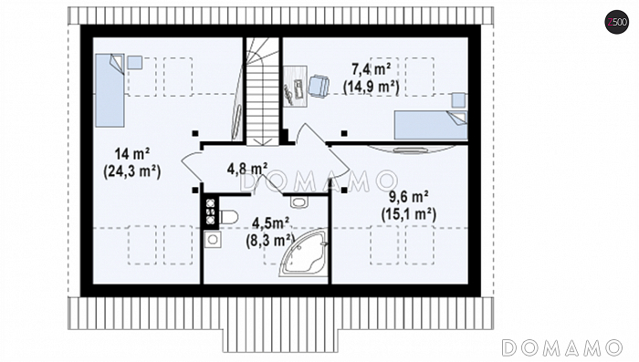 Проект одноэтажного дома из кирпича с тремя спальнями на мансардном этаже и гаражом / План мансардного этажа