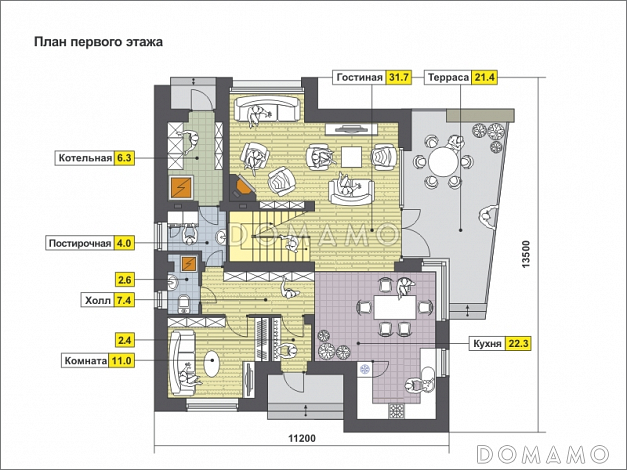 Проект загородного дома с косой крышей, открытой террасой, двумя балконами, панорамными окнами / План 1 этажа