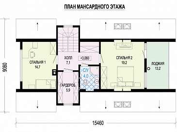 Проект каркасного загородного А-образного дома с террасой, лоджией / План мансардного этажа