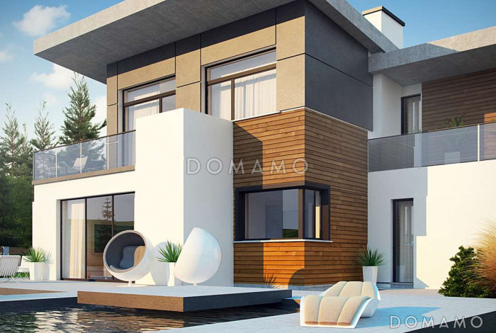 Проект просторного современного двухэтажного дома из газобетона с плоской крышей,  с четырьмя спальнями, гаражом и террасами на обоих этажах