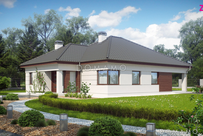 Проект просторного одноэтажного дома из кирпича с кабинетом и тремя спальнями и крытой угловой террасой