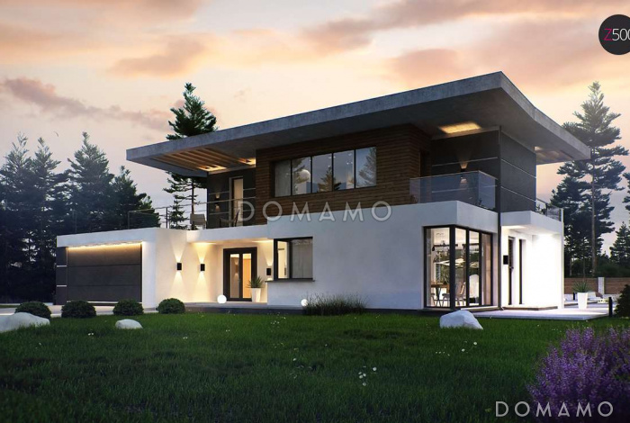 Проект просторного современного двухэтажного дома из газобетона, с пятью комнатами, гаражом и террасой над ним