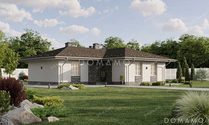 Проект Г-образного одноэтажного дома с крытой входной группой, простой вальмовой кровлей и просторной кухней-гостиной