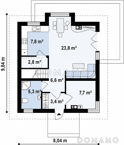 Проект классического одноэтажного мансардного дома из кирпича с эркером в столовой зоне, балконами и хозяйственным помещением / План 1 этажа