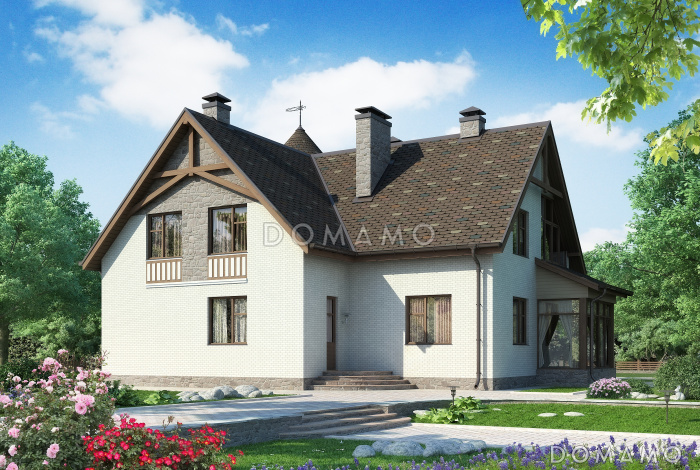 Проект дома с застекленным холлом, полукруглым крыльцом, сауной и четырьмя спальнями на мансарде