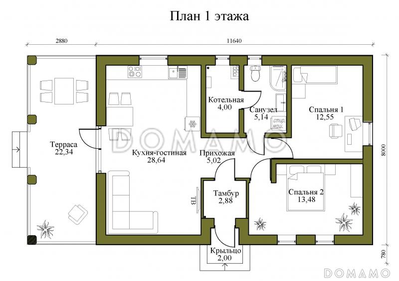 Проект одноэтажного каркасного дома с большой террасой и двумя спальнями / План 1 этажа