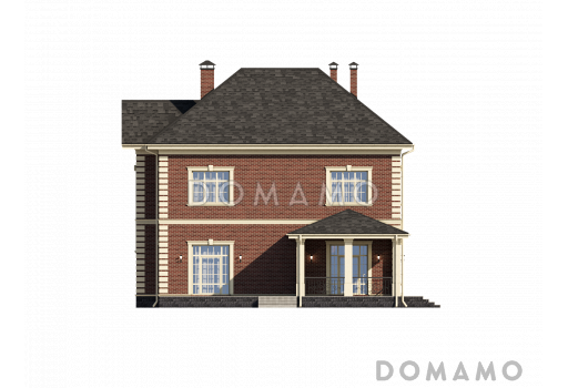 Проект загородного дома с террасами, кабинетом винтовой лестницей на мансарду, большой хозяйской спальней / Фасад 3