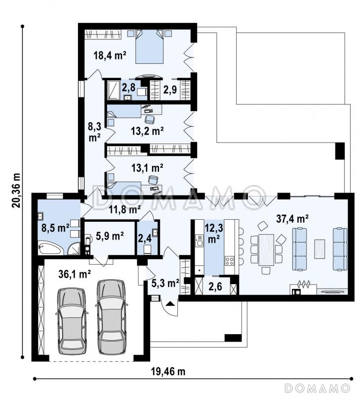Проект современного одноэтажного дома из газобетона с плоской крышей, с большой угловой террасой и двухместным гаражом  / План 1 этажа