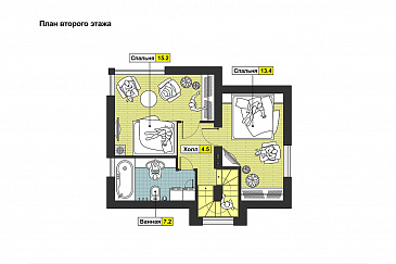 Проект дома с террасой, гостиной с камином, ванной с окном, кухней-столовой / План мансардного этажа