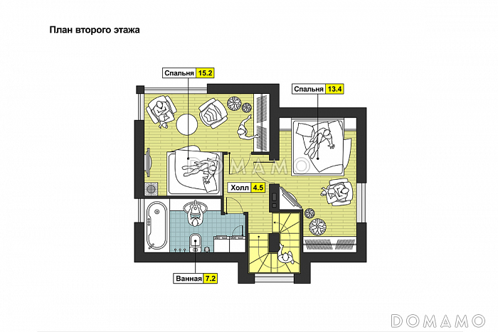 Проект дома с террасой, гостиной с камином, ванной с окном, кухней-столовой / План мансардного этажа